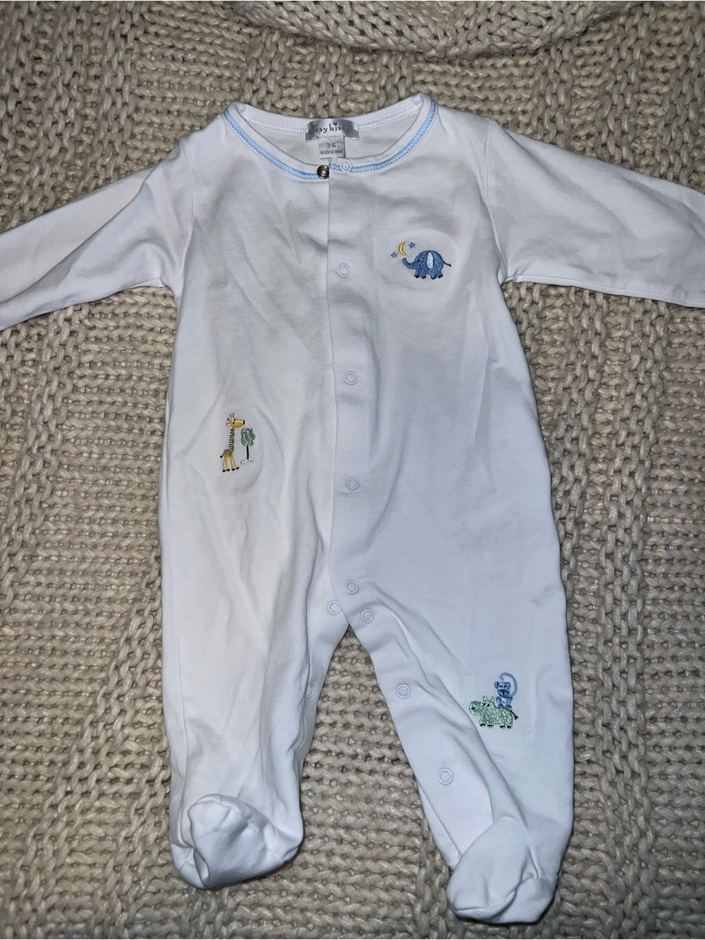 Kissy Kissy White Footed One-Piece with Blue and Yellow Animal Appliqués